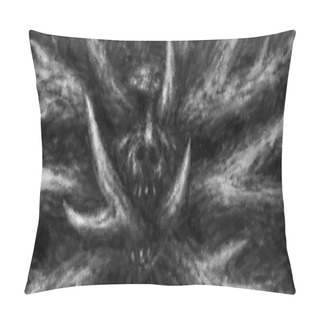Personality  The Head Of A Dead Demon From Whose Mouth Grows Tree Branches. Looking Forward At The Camera. Illustration In Horror Genre With Grainy Appearance Effect. Black And White Background Colors. Pillow Covers