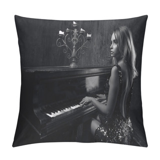 Personality  Beautiful Woman With Fancy Elegant Dress Posing In The Piano Roo Pillow Covers