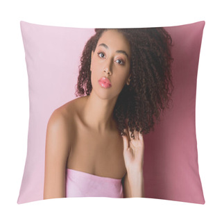 Personality  Portrait Of Young Curly African American Woman On Pink Pillow Covers