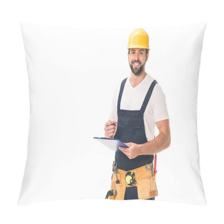 Personality  Handsome Happy Workman In Tool Belt And Hard Hat Writing On Clipboard And Smiling At Camera Isolated On White Pillow Covers