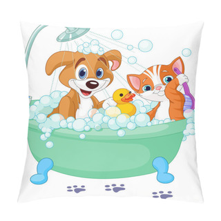 Personality  Dog And Cat Having A Bath Pillow Covers