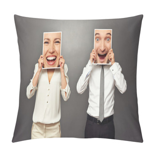 Personality  Man And Woman Holding With Excited Faces Pillow Covers
