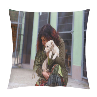 Personality  Dogs In Dog Shelter And Woman. Animal Shelter. Pillow Covers