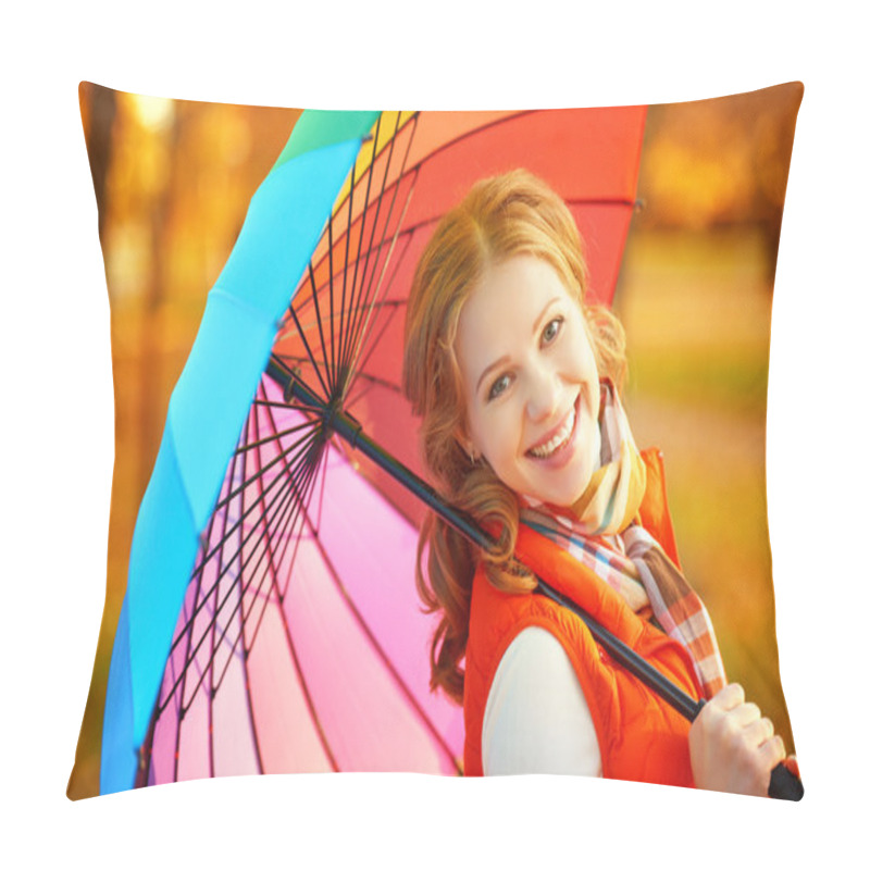 Personality  happy woman with rainbow multicolored umbrella under rain in par pillow covers