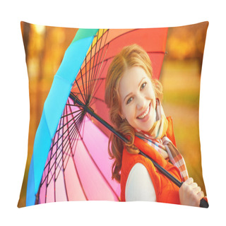 Personality  Happy Woman With Rainbow Multicolored Umbrella Under Rain In Par Pillow Covers