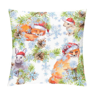 Personality  Cute Foxes, Rabbits In Red Holiday Hats In Snow Fall. Fir Christmas Tree Branches, Cones. Seamless Pattern For Christmas. Winter Forest Watercolor Pillow Covers