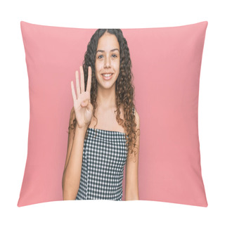 Personality  Teenager Hispanic Girl Wearing Casual Clothes Showing And Pointing Up With Fingers Number Four While Smiling Confident And Happy.  Pillow Covers