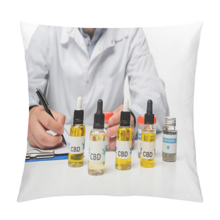 Personality  Cropped View Of Doctor Writing Prescription Near Bottles With Cbd Oil Isolated On White Pillow Covers