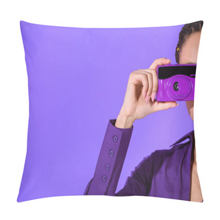 Personality  Cropped View Of Girl In Purple Jacket Taking Photo On Camera, Isolated On Ultra Violet Pillow Covers