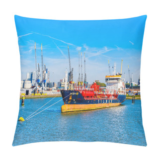 Personality  Rotterdam / The Netherlands - Sept. 26, 2018: Ocean Going Vessels In The Busy Waalhaven, A Branch Of The Arbor Of Rotterdam, One Of The Main Ports For Goods Entering And Leaving The European Continent Pillow Covers