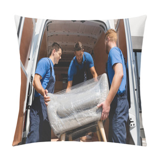 Personality  Loaders Unloading Armchair In Stretch Wrap From Truck On Urban Street  Pillow Covers