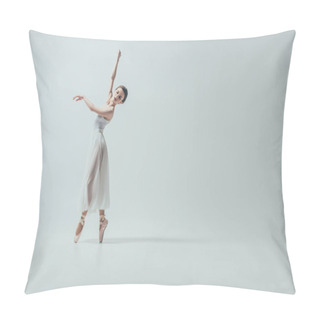 Personality  Attractive Ballerina In White Dress Dancing In Studio, Isolated On White Pillow Covers