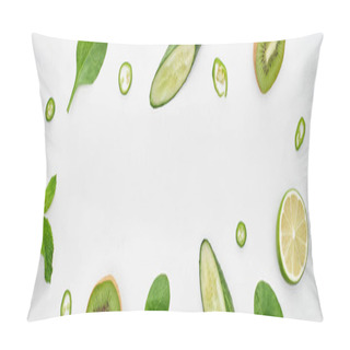 Personality  Panoramic Shot Of Fresh Cucumbers, Kiwi, Lime, Peppers And Greenery  Pillow Covers