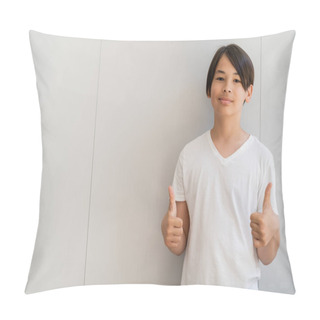 Personality  Preteen Asian Boy Showing Like Gesture Near Wall At Home  Pillow Covers