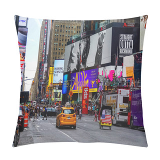 Personality  Times Square With Yellow New York City Taxi Cabs Driving Through Colorful Billboards. Manhattan, New York. Pillow Covers