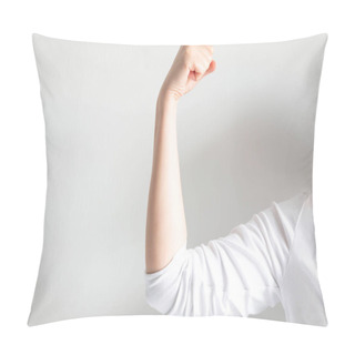 Personality  Caucasian Woman Fist Hand And Tense The Arm For Showing Muscle. Pillow Covers