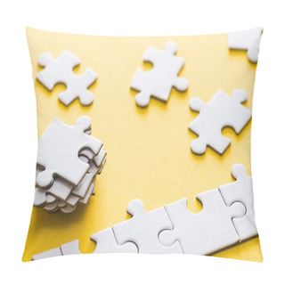 Personality  Selective Focus Of Connected Jigsaw Near Stack Of Puzzle Pieces On Yellow  Pillow Covers