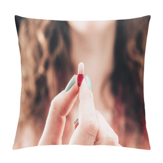 Personality  Partial View Of Woman Showing Pill In Hand Pillow Covers