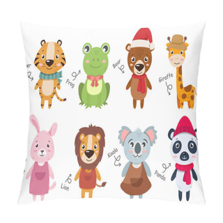 Personality  Wildlife Animals Collection . Flat Design Cartoon Characters . Tiger Frog Bear Giraffe Rabbit Lion Koala Panda . Vector . Pillow Covers