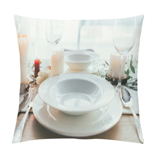 Personality  Close Up View Of Stylish Table Setting With Candles, Empty Wineglasses And Plates For Rustic Wedding Pillow Covers
