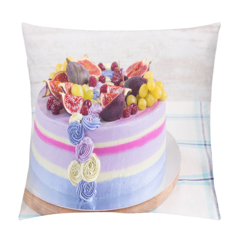 Personality  Violet and pink cake with fruit on white wooden background pillow covers