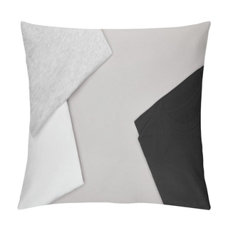Personality  Top View Of Blank Basic Black, White And Grey T-shirts Isolated On Grey Pillow Covers