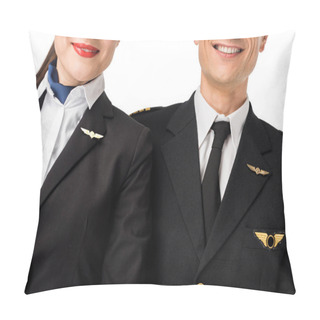Personality  Close-up View Of Stewardess And Pilot In Uniform Isolated On White Pillow Covers