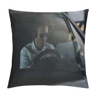 Personality  Focused Male Private Detective In Headphones Doing Surveillance With Laptop In Car Pillow Covers