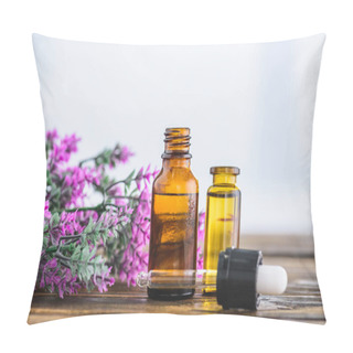 Personality  Bottles With Essential Oils, Dropper And Heather Flowers On White Background Pillow Covers