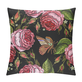 Personality  Embroidery Roses And Tropical Butterfly Seamless Pattern Pillow Covers