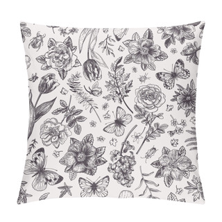 Personality  Seamless Floral Pattern With Beetles,  Butterflies And Garden Flowers. Vector Botanical Illustration. Cute Summer And Spring Background. Black And White. Pillow Covers