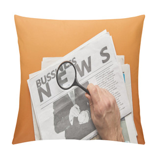 Personality  Man Holding Magnifying Glass And Zooming News Lettering While Reading  Business Newspapers On Orange  Pillow Covers