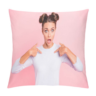 Personality  Portrait Of Nice-looking Cute Attractive Lovely Funny Cheerful Cheery Positive Girl Showing Why Take Me Gesture Isolated Over Pink Pastel Background Pillow Covers