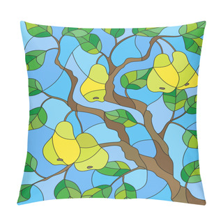 Personality  Illustration In The Style Of A Stained Glass Window With The Branches Of Pear  Tree , The Fruit Branches And Leaves Against The Sky Pillow Covers