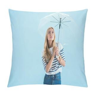 Personality  Sensual Young Woman Posing Under Umbrella On Blue Background Pillow Covers