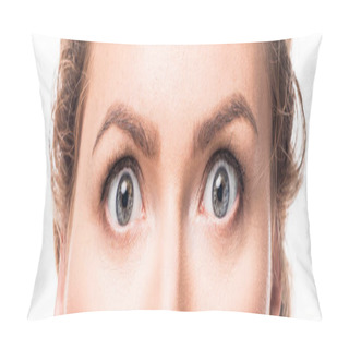 Personality  Shocked Grey Female Eyes Looking At Camera, Isolated On White Pillow Covers