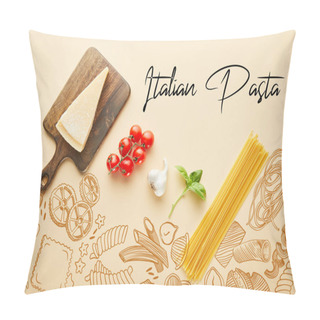Personality  Flat Lay With Delicious Spaghetti With Tomato Sauce Ingredients On Yellow Background With Food Illustration Pillow Covers