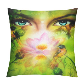 Personality  Beautiful Illustration, Blue Goodness Women Eyes Beaming Up Enchanting From Behind A Blooming Rose Lotus Flower, With Birds On Multicolor Background Eye Contact Pillow Covers