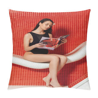 Personality  Pretty Woman In Black Swimsuit Reading Magazine In Spa Center Pillow Covers