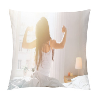 Personality  Beautiful Brunette Is Waking Up In The Morning, Stretches In The Bed, Sun Shines On Her From The Big Window. Happy Young Girl Greets New Day With Warm Sunlight Flare. Pillow Covers
