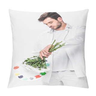 Personality  Adult Man In Total White Holding Palette With Paint And Flowers Pillow Covers