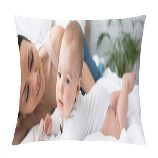 Personality  Website Header Of Happy Mother Looking At Barefoot Infant Son On Bed Pillow Covers