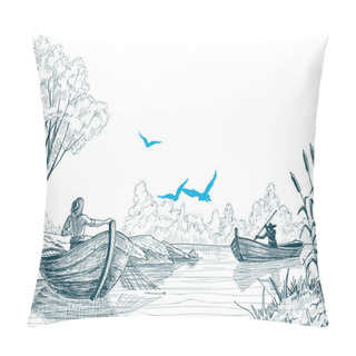 Personality  Fisherman In Boat Sketch, Delta, River Or Sea Background In Vect Pillow Covers