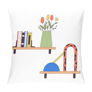 Personality  Books And Decorative Accessories On Shelves 2D Linear Cartoon Objects Set. Racks In Home Decor Isolated Line Vector Elements White Background. Creating Coziness Color Flat Spot Illustration Collection Pillow Covers