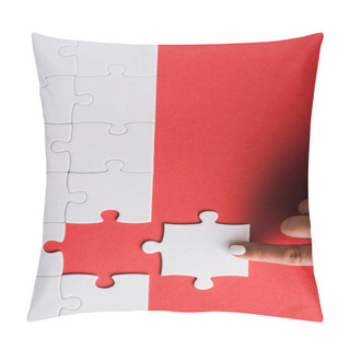 Personality  Top View Of Woman Pointing With Finger At White Jigsaw Near Connected Puzzle Pieces On Red Pillow Covers