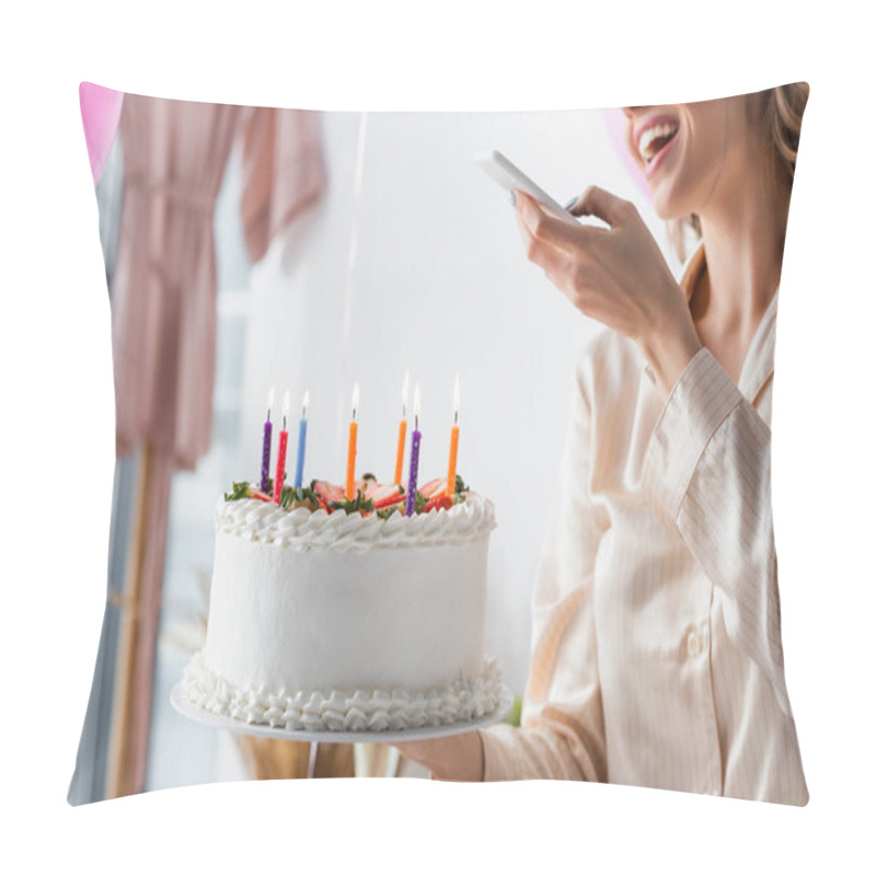 Personality  Cropped view of woman taking photo of birthday cake  pillow covers