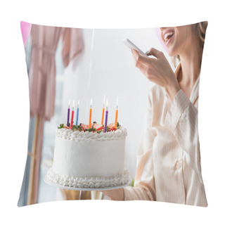 Personality  Cropped View Of Woman Taking Photo Of Birthday Cake  Pillow Covers
