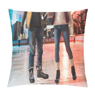 Personality  Cropped Shot Of Young Couple In Skates Holding Hands And Ice Skating On Rink Pillow Covers