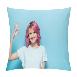 Personality  Young Woman With Pink Hair Showing Ok Sign On Blue Background Pillow Covers