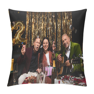 Personality  Excited Interracial Friends With Acoustic Guitar Celebrating New Year Near Champagne And Gifts On Black Background  Pillow Covers